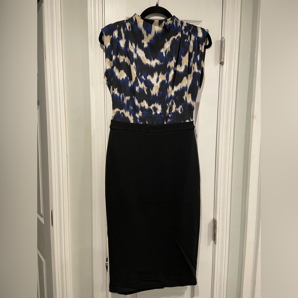 NWT Tahari Size XS Navy Blue Black Silky Top Fitted Zip Back Sleeveless Dress